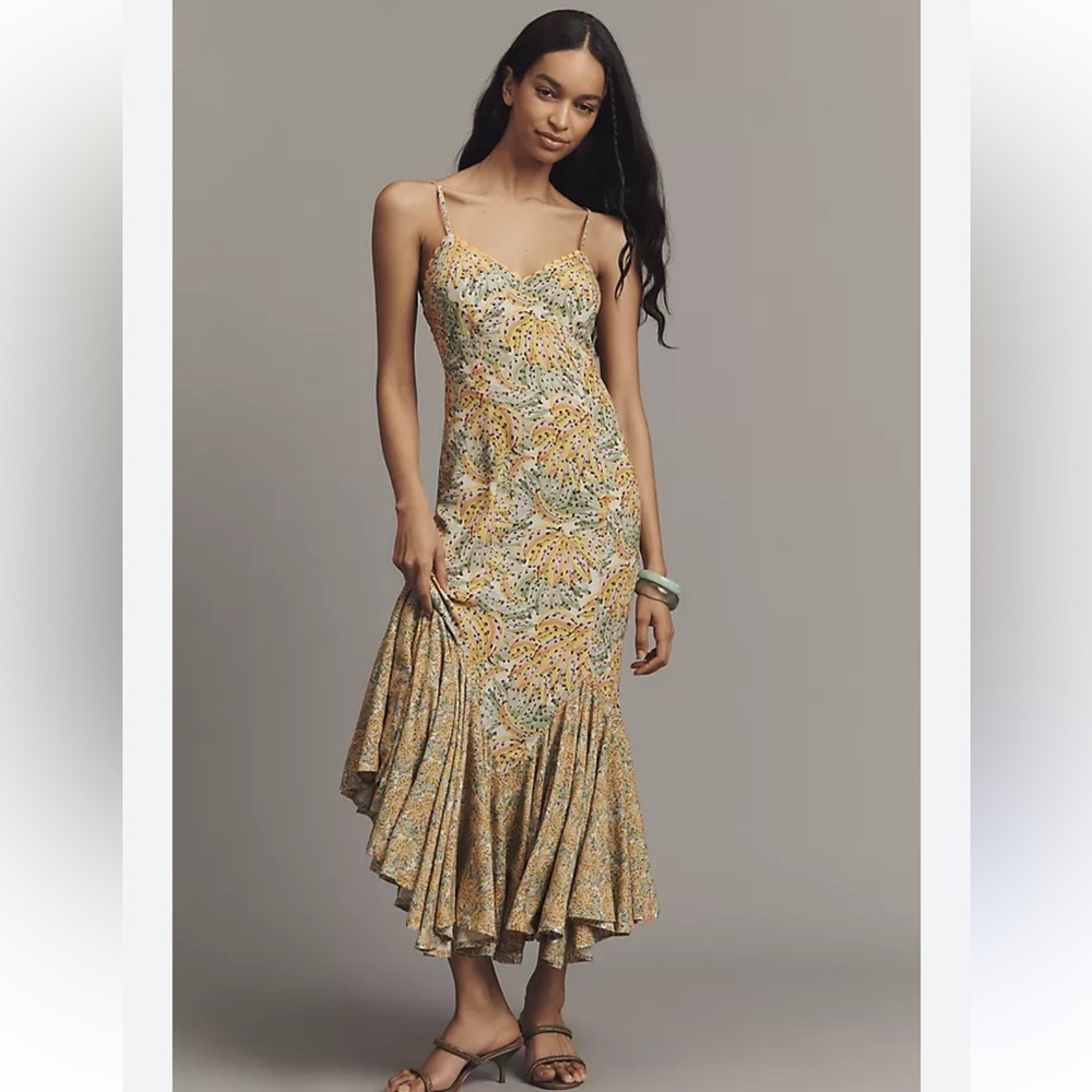 Anthropologie Conditions Apply Ellianna Ruffled Slip Maxi Dress Medium NEW NWT